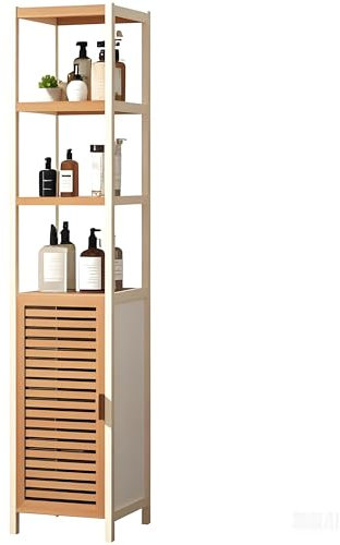 AlpineAura Bad Hochschrank Badezimmer Hochschrank, Bad Schrank Schmal mit 3 Offene Fächern und 1 Schrank, Bambusregal für Badezimmer Wohnzimmer, Küche, Flur,160 * 35 * 35 cm