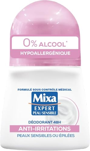 Mixa - Déodorant Bille - 48h Anti-Irritations - 0% alcool* - Hypoallergénique - Pour Apaiser Instantanément les Aisselles Sensibles ou Épilées et les Protéger Durablement