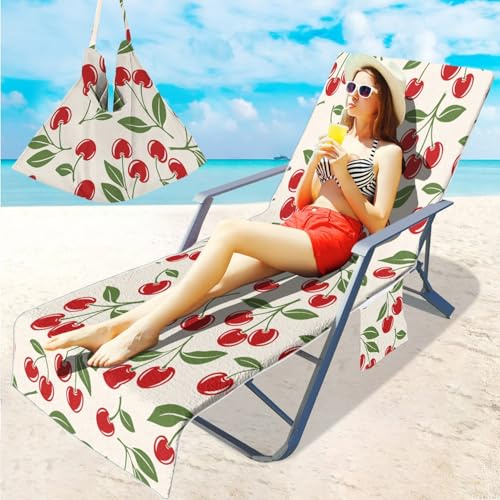 Treer Microfiber Beach Chair Cover Towel, Fruit Print Beach Sunbed Towels, 210 x 75 cm Portable Sun Lounger Cover with Pockets, Slipcovers for Garden Vacation (Beige Cherry,210x75cm)
