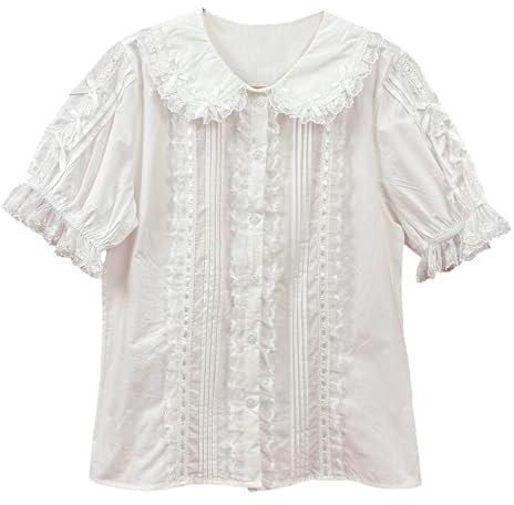 Cuteighteen Lolita Chemisier à manches courtes Col Claudine Chemise Femmes Victorien Vintage Kawaii Mode Dentelle Mignon Tops d'été