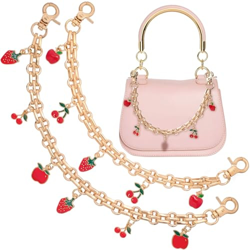 Isslly 2pcs Purse Charm Chain with Fruit Enamel Pendant, 2 Sizes Strawberry Cherry Apple Bag Extension Chain for Women, Decorative Replacement Purse Strap Extender Chains for Handbags, Shoulder Bags