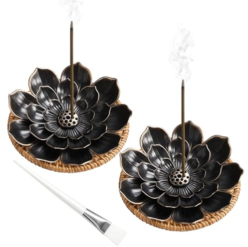 2 Stück Dreistöckige Lotus-Räucherstäbchenhalter, 2 Stück 8 cm Rattan-Untersetzer 1 Bürste, Räucherstäbchen Halterung, Meditation Zubehör, Räucherstäbchenhalter