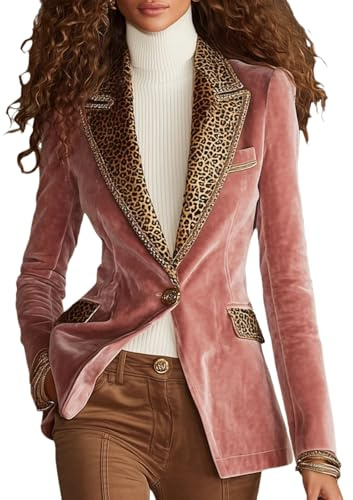 Women's Leopard Printed Velvet Blazers Leopard Patchwork Lapel Elegant Business Velvet Blazer Jackets with Pockets (Pink,Large)