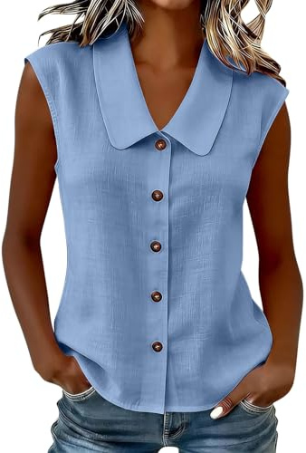 Blouses for Women UK,Ladies Sleeveless Button-Down Shirt Casual Loost Fit Peter Pan Collar Blouses Shirts for Women Fashion Solid Color Women's Summer Tops for Beach Work Daily Wear