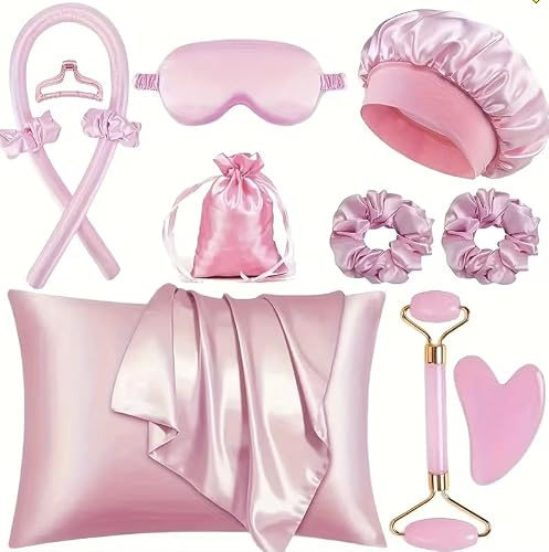 12-delat set för lockstyling i sömn (lock-pannband, lockkrullare, ansiktsmassageapparat, örngott, scrunchies, sovmask, sovmössa). Värmefritt lockset för användning över natten