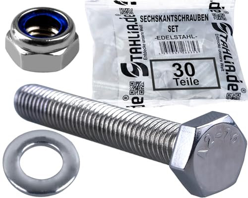 Stahlia 10 Sechskantschrauben 10 Unterlegscheiben & 10 Muttern Set Edelstahl M10 x 120 mm Vollgewinde (30 Teile) DIN 933|125|985 Maschinenschrauben Außensechskant