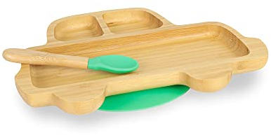 BIOZOYG Bambus-Teller-Set Auto I Saugnapf-Teller mit Löffel - FSC-zertifiziert I süßes Bambus Holz-Schüssel-Set Kleinkind - Kinder-Teller & Snack-Schale I Baby Bambus-Geschirr Grün