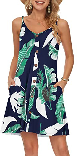 WNEEDU Robe D'été Femme Bretelles Spaghetti de Plage Courte Robes Décontractée Col en V avec Poches Imprimé Bleu XL