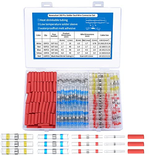 260 Pcs Solder Seal Wire Connectors, Heat Shrink Solder Sleeve Terminals, Waterproof Insulated Electrical Butt Splice Wire Terminals Heat Shrink Tubing, with 2:1 Shrinkage Ratio