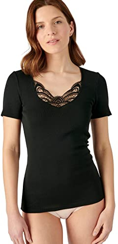 Damart Camiseta de Manga Corta de canalé Fino guipur Thermolactyl Ropa Interior, Negro, M para Mujer
