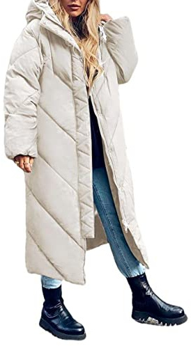 Flygo Womens Long Puffer Coat Long Sleeve Padded Winter Down Coats Hooded Parka Jacket(Beige-L)