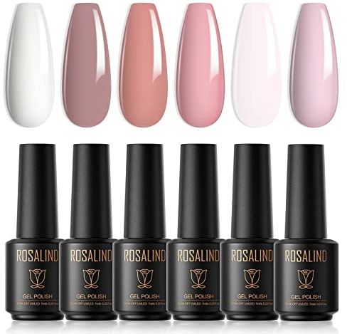 ROSALIND Esmaltes Permanentes Para UñAs, Kit Uñas Semipermanentes 6 Colores, Blanco Rosa Esmalte Semipermanente Gel Nail Kit 7ml UV Gel Nail Polish