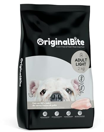 OriginalBite® | Pienso Light para Perros Adultos | Pienso 100% Natural SIN Cereales | Comida para Perros Bajo en Grasa para Problemas de Sobrepeso | Carne Fresca de Pollo | Fácil Digestión | 12 Kg