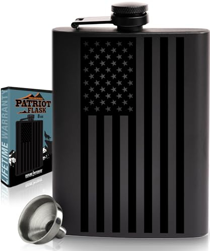 American Flag Liquor Flask - Perfect Holiday Gift for Men, Women, Fathers, or Hard to Shop for People - 304 Stainless Steel Hip Flask (Matte Black, Bonus Funnel, 8 Ounces)