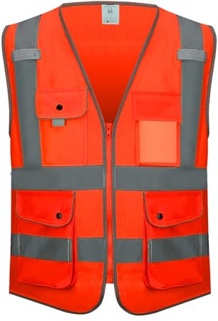KANMORE Gilet de sécurité – Orange haute visibilité, EN ISO 20471, 7 poches à boutons pression haute visibilité, réfléchissant et lavable, pour la sécurité de la construction et des personnes, Orange,