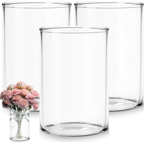 3 Stück Glasvase, VEGOATY 15 cm Hohe Breite Öffnung Hohe Glasvasen,Durchsichtige Glasvase Zylinder Mit Boden,Blumenvase aus Borosilikat-Glas,Ideal zum Verzieren,für Tulpen, Rosen,Tischdeko,Kerze etc