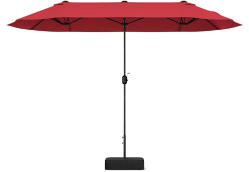 FANTASK Grand parasol double - Avec manivelle et support - Parasol de marché d'extérieur - Avec bande de fixation - 400 x 200 cm (rouge), rouge, 400 x 200 cm, Moderne