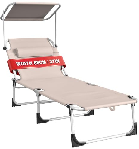 AufuN Tumbona plegable con techo y bolsillo lateral, 195 x 68 cm, resistente a la intemperie, tumbona de playa estable, protección solar y respaldo ajustable, hasta 100 kg, ideal para terraza, camping
