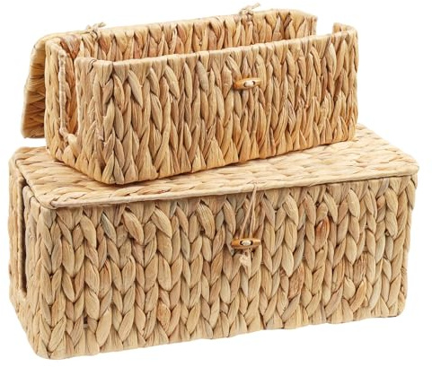 Caossuixin Caja de 2 cables, caja de gestión de cables de jacinto de agua trenzada natural, caja organizadora de cables debajo del escritorio con tapa de bambú, almacenamiento de cables con apertura