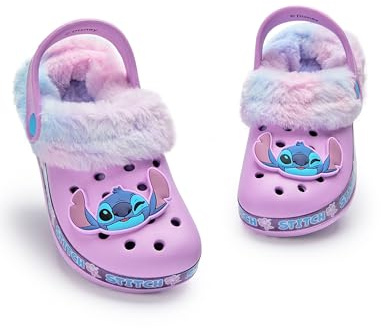 Disney Lilo & Stitch Girls Clogs | Kids Rubber Slip-Ons with Stitch Character Charm in Purple | Childrens Fur Lined Sandal Slides with Heel Strap & Flower Print | Animation Movie Merchandise Gift