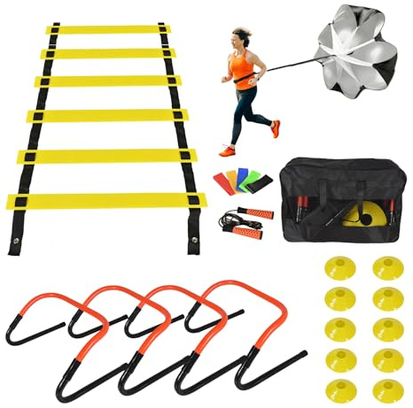 ASENVER Soccer Training Equipment Set, Multifunctional Football Gear with 4 Adjustable Hurdles 9.8 feet 6 Rungs Agility Speed Ladder (Orange)