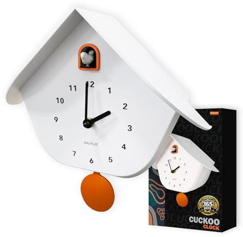 WALPLUS White Matte Orange Window & Cuckoo Wall Clock 32.4 x 32.5 cm, Battery Operated Clock with Bird, Pendulum and Chime for Living Room Kitchen Bedroom
