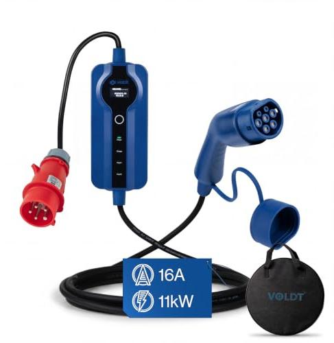 VOLDT Typ 2-laddare, 11 kW trefas väggmonterad mobil laddare med CEE-kontakt, 8 A - 16 A, med skärm för elfordon, IP69, TÜV, CE, bärbar laddare (10 längder)