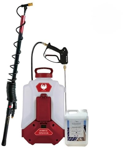 PHOENIX - Dorsal Sprayer Evo | Pulverisateur Electrique 16L + Anti-Mousse Bidon de 5L/10/20L + Perche Telescopique Evo 5,4m + Jeu de 4 Buses, Idéal pour Nettoyer Les mousses (Antimousse 5L)