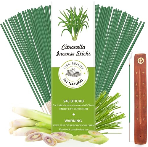 Bastoncini di incenso alla citronella, 200 ore, olio essenziale di citronella naturale, bastoncini di incenso per esterni, giardini, cortili, 240 bastoncini, 50 minuti di combustione ciascuno