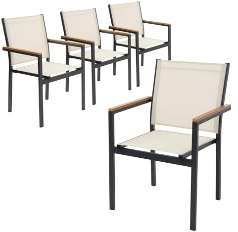 ML-Design Juego 4X Sillas de Jardín Beige Asiento de Textilene para Terraza, Aspecto Madera y Estructura de Aluminio con Reposabrazos y Respaldo Mueble Apliable Resistente a la Intemperie