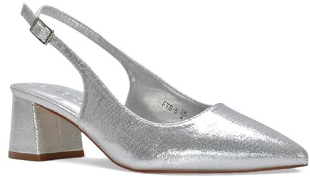 ESSEX GLAM Women's Slingback Court Shoes Ladies Silver Shimmer Low Block Heel Buckle Wedding Occasion Classic Heels Size 6