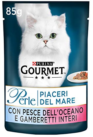 Purina Gourmet Perle Piaceri del Mare Umido Gatto Pesce dell'Oceano e Gamberetti, 24 Buste da 85g