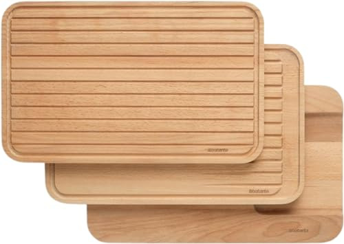 Brabantia 3 Piece Wooden Chopping Board Set, Multipurpose Vegetables, Bread & Meat/Fish Cutting Boards, Brown (40 x 25 x 6 cm)