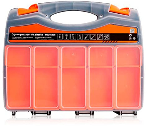 Acan Tradineur - Caja para organizar de plástico de 37 x 30 x 8 cm con 2 Compartimentos y asa. Organizador de Herramientas para hogar o Trabajo. Maletín para almacenar y Transportar Herramientas