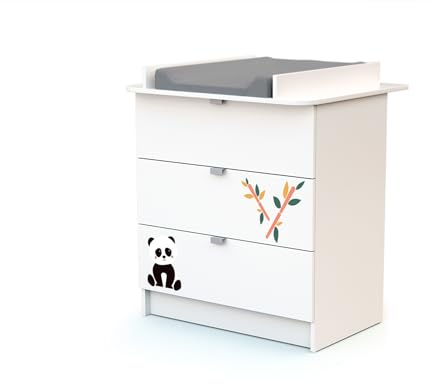WEBABY - Wickelkommode White Panda ALBA | 3 Schubladen | 79 x 65 x 92 cm | Abnehmbarer Wickeltisch inklusive