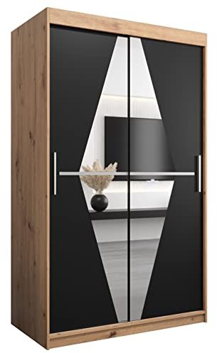 Kryspol Schwebetürenschrank Boliwia 120 cm mit Spiegel Kleiderschrank mit Kleiderstange und Einlegeboden Schlafzimmer- Wohnzimmerschrank Schiebetüren Modern Design (Artisan Eiche + Schwarz)