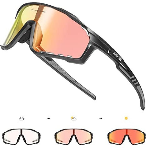 KAPVOE Fahrradbrille MTB Brille Selbsttönend Klar Radbrille Rennrad Sportbrille Sonnenbrille Radsport Laufen Golf Fahrerbrille Baseball Herren Damen Rot Schwarz 01