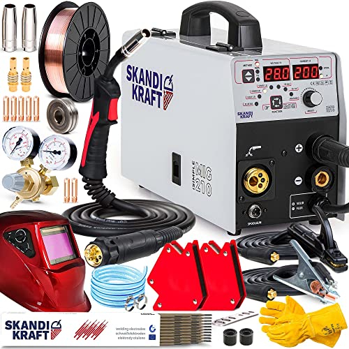SKANDI KRAFT iSIMPLE MIG 210 - MIG MAG Schweißgerät Schutzgas und Fülldräht mit 3 Synergieprogrammen - Leise, leistungsstark und kompakt - 200A 4 in 1: MIG/MAG, LIFT-TIG, MMA - Set Premium