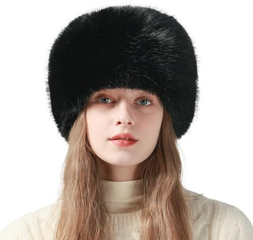 Peicees Winter Faux Fur Hat for Women Girls Cossack Russian Style Ladies Ushanka Fuzzy Furry Hat Warm Fluffy Bucket Hat Black