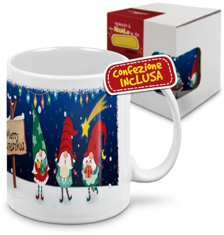 evenue Tazza Natalizia per Colazione In Confezione Idee Regalo Natale per Donna, Uomo e Bambini, Mug Grande in Ceramica da 325 ml, Personalizzata Con Illustrazione Originale Elfi Merry Christmas
