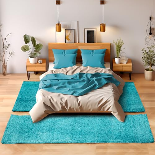 SIMPEX Set di 3 tappeti per camera da letto, corridoio e cucina, a pelo lungo, tinta unita, design moderno, morbido e extra soffice