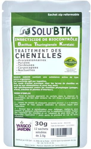 SoluBTK | 30 g - 40 litres | Insecticide Bacillus Thuringiensys Kurstaki | Chenilles, Pyrales, Tordeuses, Carpocapses, Noctuelles | UAB Agriculture Biologique