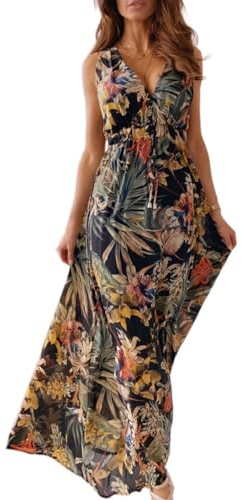 Yutdeng Kleid Damen Sommer Lang Trägerkleid Sommerkleid Lang V Ausschnitt Blumenmuster Rückenfrei Ärmellos Maxi Kleider Boho Strandkleid Blumenkleid Langes Kleid Sommer Elegant,Schwarz,XXL