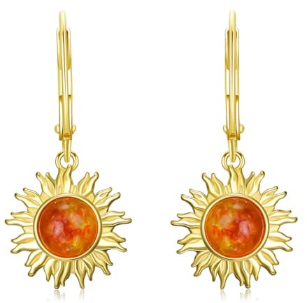 Sonnenohrringe für Damen, 925er Sterlingsilber, goldene Sonnenohrringe mit Bernstein, Schmuckgeschenk für Frauen