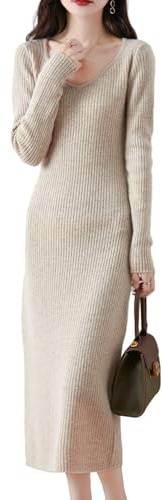 Ailaile Vestido de punto 100 % de lana merina, para mujer, manga larga, cuello en V, para otoño e invierno, Camello de leche, XL