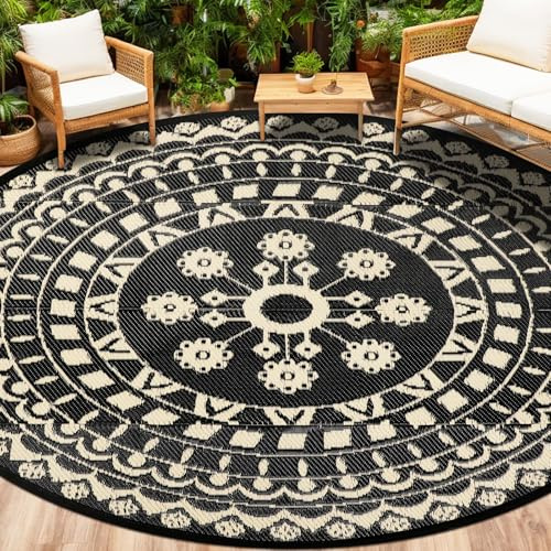 Capslpad Tappeto rotondo per esterni, 240 cm, resistente alle intemperie, in plastica, per picnic, campeggio, giardino, terrazza, spiaggia, camper, colore beige