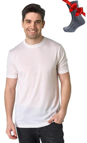 Premium Merino Shirt Herren Kurzarm - Atmungsaktiv Geruchshemmend Thermooberteile zum Wandern + Wanderwollsocken (Medium, Creamy White)