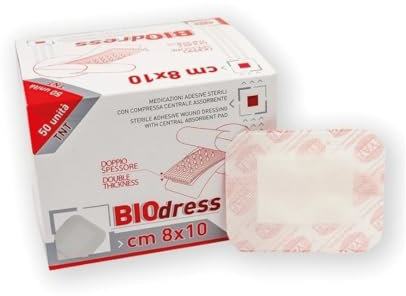 Apósito estéril adhesivo (50 unidades) post-cirugía de TNT 8 x 10 cm, comprimido central absorbente, sin látex, profesional