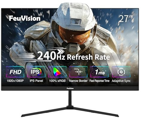 FeuVision 27 inch Gaming Monitor 240Hz, FHD 1080p, IPS Panel, 1ms Response Time, Adaptive sync, PC Computer Monitor, 3-Sided Frameless, Ultra Slim, 100% sRGB, Bluelight Filter, DP＆HDMI Port
