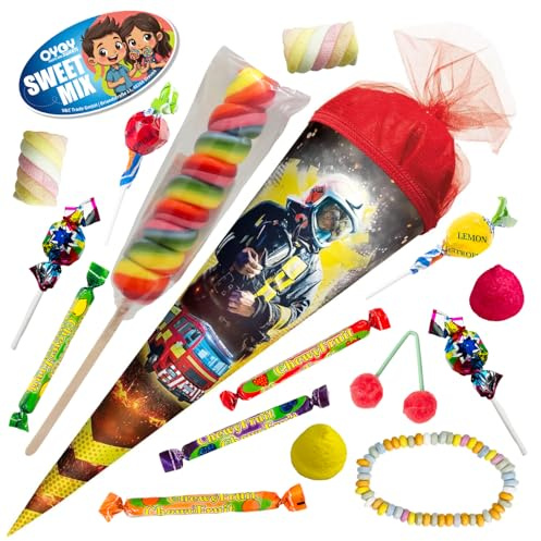 OYOY 22cm Schultüte gefüllt mit Süßigkeiten Mix I ROTH Schultüte Feuerwehr I kleine Schultüte fertig gefüllt I Geschwister Schultüte I Einschulung Geschenk